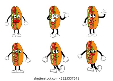 Hotdogs. cute food characters set isolated on white background. Vector illustration