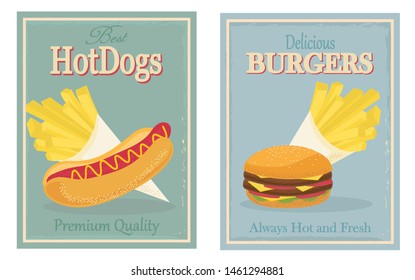 Hotdogs and hamburgers with french fries vintage style posters vector.