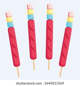Hotdogs and mallows on stick, filipino party food, grilled sausage, colorful mallows, food on stick, party snacks