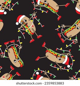 Hotdogs in santa's hat and with lights in hand seamless pattern. Christmas vector illustration.