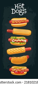 Hotdogs con tomate, ketchup, mayonesa, dejar lechuga, pepino, mostaza, cebolla. Ilustración de color del vector