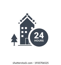 Hotel 24 hours service icon. Hotel icon, resort icon with the watch, hotel with time icon with vector illustration.