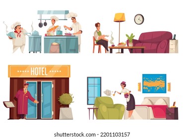 Hotel 2x2 compositions with doorman at entrance chambermaid cleaning room chefs cooking dishes in restaurant flat vector illustration