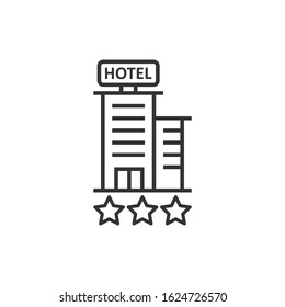 Hotel 3 stars sign icon in flat style. Inn building vector illustration on white isolated background. Hostel room business concept.