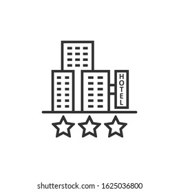 Hotel 3 stars sign icon in flat style. Inn building vector illustration on white isolated background. Hostel room business concept.