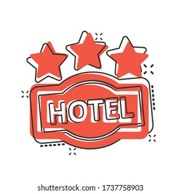 Hotel 3 stars sign icon in comic style. Inn cartoon vector illustration on white isolated background. Hostel room information splash effect business concept.