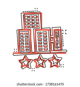Hotel 3 stars sign icon in comic style. Inn building cartoon vector illustration on white isolated background. Hostel room splash effect business concept.