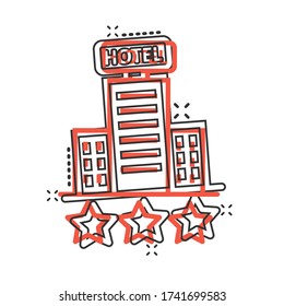 Hotel 3 stars sign icon in comic style. Inn building cartoon vector illustration on white isolated background. Hostel room splash effect business concept.