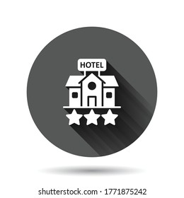 Hotel 3 stars sign icon in flat style. Inn building vector illustration on black round background with long shadow effect. Hostel room circle button business concept.