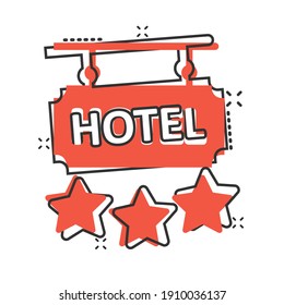 Hotel 3 stars sign icon in comic style. Inn cartoon vector illustration on white isolated background. Hostel room information splash effect business concept.