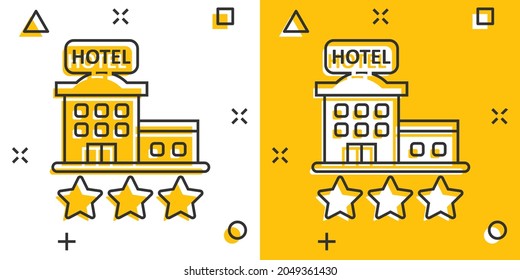Hotel 3 stars sign icon in comic style. Inn building cartoon vector illustration on white isolated background. Hostel room splash effect business concept.