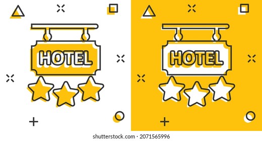 Hotel 3 stars sign icon in comic style. Inn cartoon vector illustration on white isolated background. Hostel room information splash effect business concept.