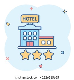 Hotel 3 stars sign icon in comic style. Inn building cartoon vector illustration on white isolated background. Hostel room splash effect business concept.