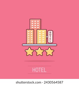 Hotel 3 stars sign icon in comic style. Inn building cartoon vector illustration on isolated background. Hostel room splash effect business concept.