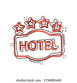 Hotel 4 stars sign icon in comic style. Inn cartoon vector illustration on white isolated background. Hostel room information splash effect business concept.