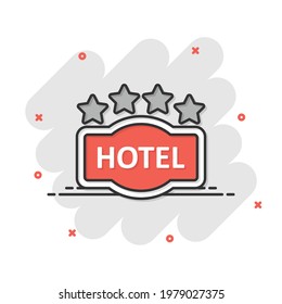 Hotel 4 stars sign icon in comic style. Inn cartoon vector illustration on white isolated background. Hostel room information splash effect business concept.