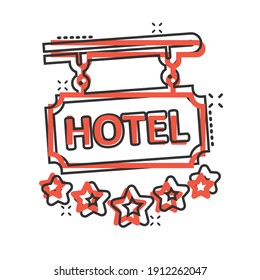 Hotel 5 stars sign icon in comic style. Inn cartoon vector illustration on white isolated background. Hostel room information splash effect business concept.