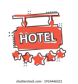 Hotel 5 stars sign icon in comic style. Inn cartoon vector illustration on white isolated background. Hostel room information splash effect business concept.