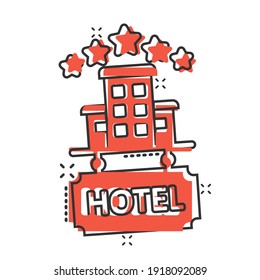 Hotel 5 stars sign icon in comic style. Inn building cartoon vector illustration on white isolated background. Hostel room splash effect business concept.