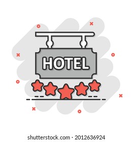 Hotel 5 stars sign icon in comic style. Inn cartoon vector illustration on white isolated background. Hostel room information splash effect business concept.
