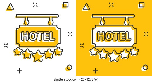 Hotel 5 stars sign icon in comic style. Inn cartoon vector illustration on white isolated background. Hostel room information splash effect business concept.