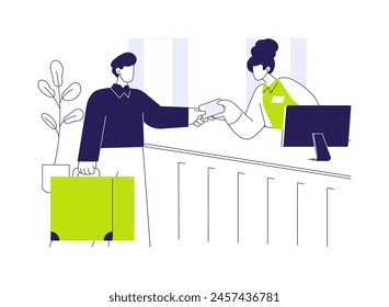 Hotel accommodation abstract concept vector illustration. Smiling businessman receives a room key at the reception, working travel, hotel service, accommodation check-in abstract metaphor.