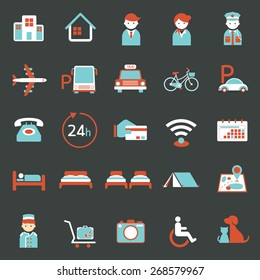 Hotel Accommodation Amenities Services Icons Set A Dark Background