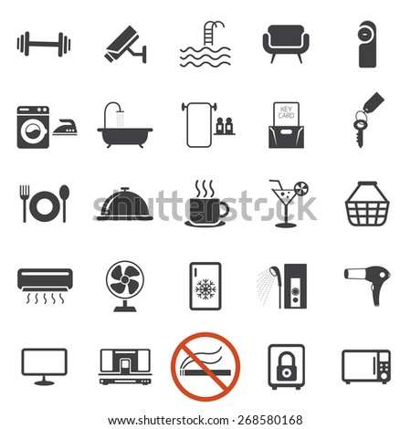 Hotel Accommodation Amenities Services Icons Set B Mono Color