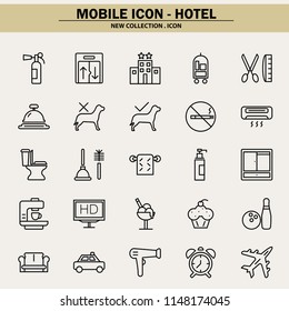hotel, accommodation, breakfast, restaurant, hotelier, mobile icon, line icon, illustration