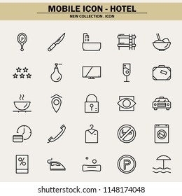 hotel, accommodation, breakfast, restaurant, hotelier, mobile icon, line icon, illustration