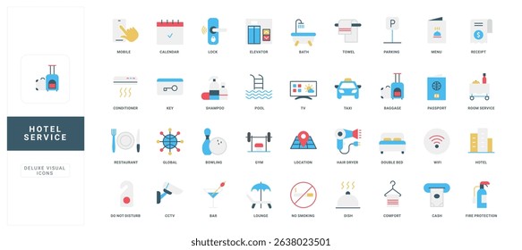 Hotel accommodation for holidays and vacations, room service, bar and restaurant location color icon set. TV and swimming pool, bowling and gym, parking and dining menu flat vector illustration