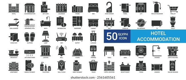 Hotel accommodation icon collection set with key card, calendar, bed, bath, toilet