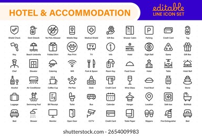 Ícones de hotel e alojamento. Ícones de serviço universal com edifício, reserva, concierge, ar condicionado, entrega de alimentos, linha de limpeza vetor web ícone.