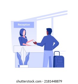 Hotel accommodation isolated concept vector illustration. Smiling businessman receives a room key at the reception, working travel, hotel service, accommodation check-in vector concept.