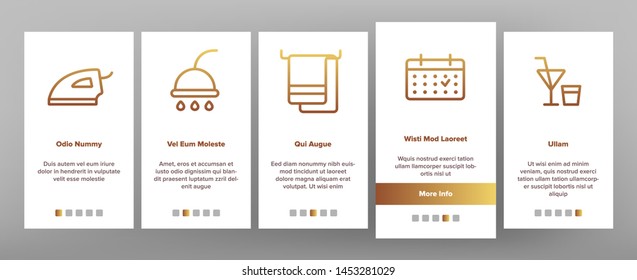 Hotel Accommodation, Room Amenities Vector Onboarding Mobile App Page Screen Hostel Services And Possibilities, All Inclusive Lineart Design. Apartment, Hotel Booking Reservation Features Illustration