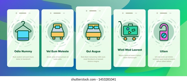 Hotel Accommodation, Room Amenities Vector Onboarding Mobile App Page Screen Hostel Services And Possibilities, All Inclusive Lineart Design. Apartment, Hotel Booking Reservation Features Illustration