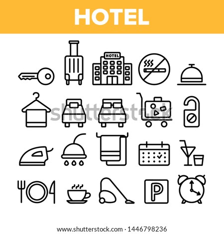 Hotel Accommodation, Room Amenities Vector Linear Icons Set. Hostel Services And Possibilities, All Inclusive Lineart Design. Apartment, Hotel Booking And Reservation Features Thin Line Illustration