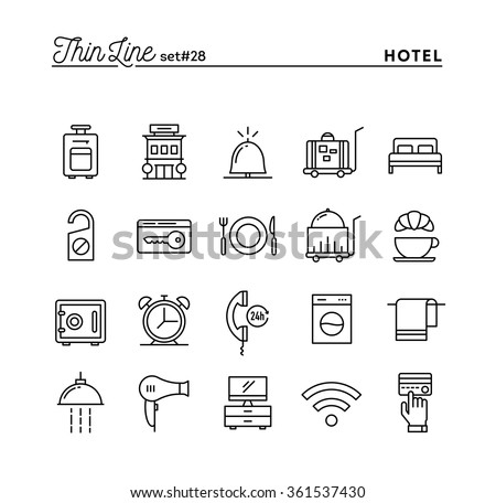 Hotel, accommodation , room service, restaurant and more, thin line icons set, vector illustration