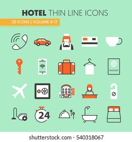 Hotel Accommodation Thin Line Vector Icons Set with Reception and Services