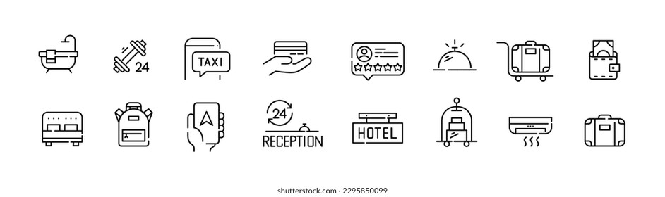 Hotel accommodation travel and vacation hospitality industry icons. Reception, porter, gym and other facilities. Pixel perfect, editable stroke line icons