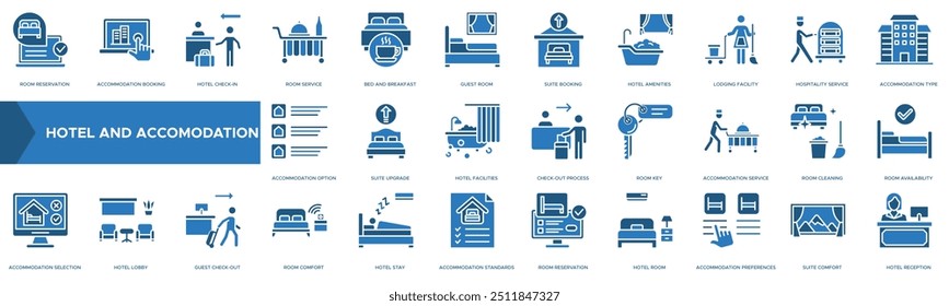 Hotel and accomodation icon. Room Reservation, Accommodation Booking, Hotel Check-in, Room Service and Bed and Breakfast