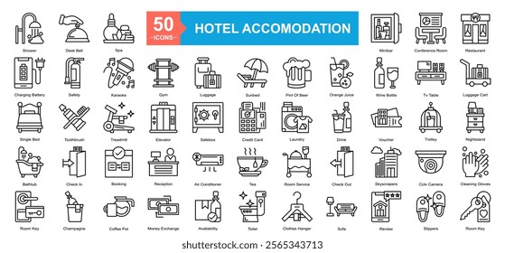 Hotel Accomodation Icon Sheet Shower, Desk Bell, Spa, Restaurant, Luggage Cart, Nightstand, Cleaning Gloves, Room Key, Minibar, Conference Room, Charging Battery, Safety, Karaoke, Gym, Luggage