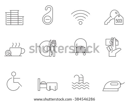 Hotel & accomodation icons in thin outlines. 