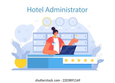 Hotel administrator concept. Tourism service, professional hotel stuff servicing tourists. Booking apartment for vacation abroad. Flat vector illustration