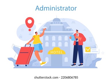 Hotel administrator concept. Tourism service, professional hotel stuff servicing tourists. Booking apartment for vacation abroad. Flat vector illustration