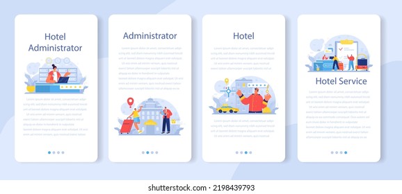 Hotel administrator mobile application banner set. Tourism service, professional hotel stuff servicing tourists. Booking apartment for vacation abroad. Flat vector illustration
