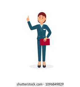 Hotel administrator or reception manager with red folder in hand. Young woman in formal suit. Flat vector design