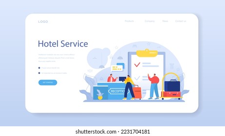 Hotel administrator web banner or landing page. Tourism service, professional hotel stuff servicing tourists. Booking apartment for vacation abroad. Flat vector illustration