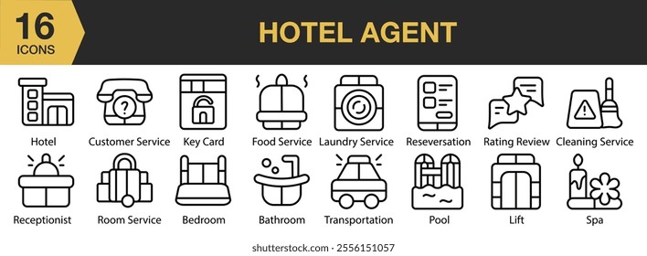 Hotel Agent icon set. Includes food service, pool, reservation, lift, spa, bedroom, and More. Outline icons vector collection.