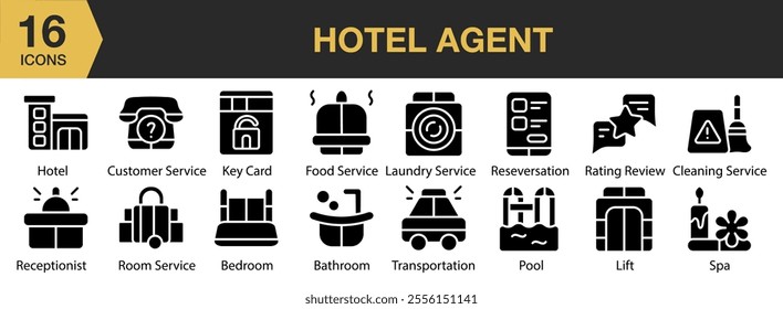 Hotel Agent solid icon set. Includes food service, pool, reservation, lift, spa, bedroom, and More. Solid icons vector collection.